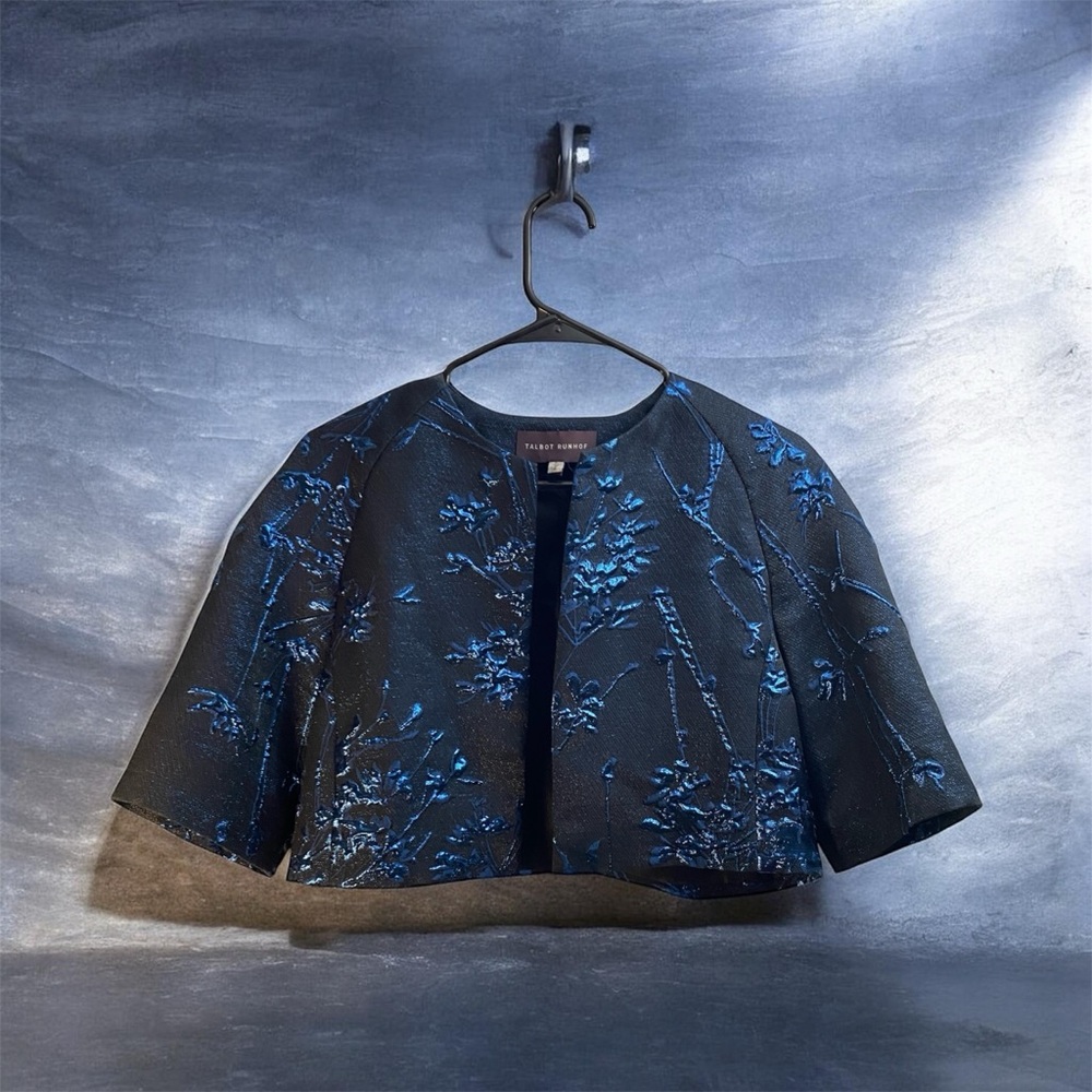 Talbot Runhof | Blue Embossed Bolero | Metallic Twig Silk Jacquard Crop Jacket